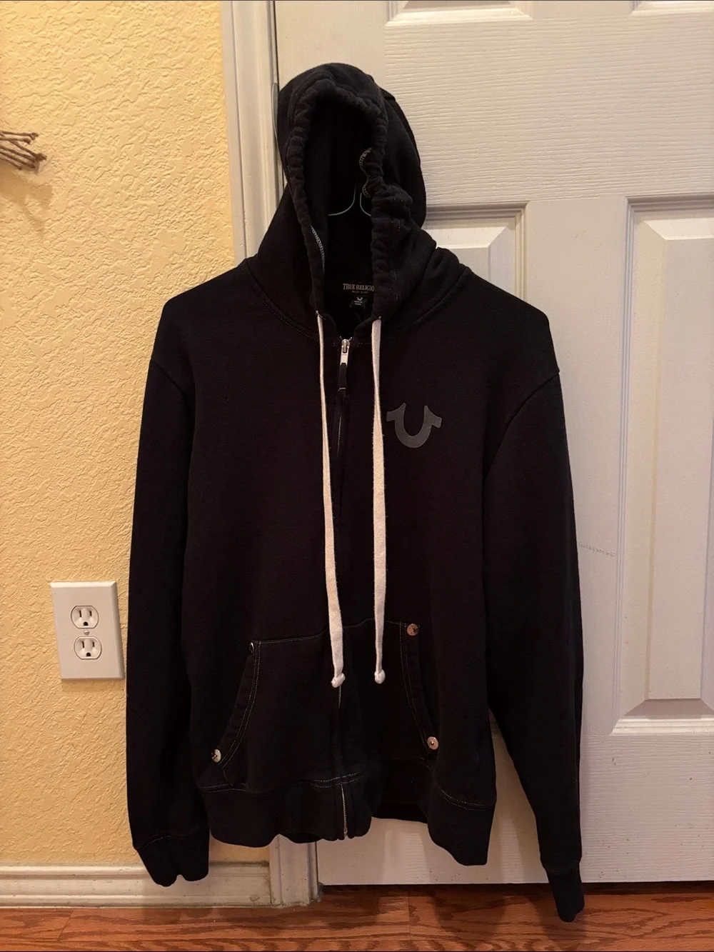 True Religion Black Zip Hoodie with White Drawstrings